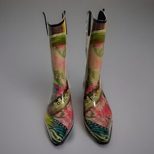 BOPS by Bee Alive Womens Western Rubber Rain Boots Collage Print Multi Color 7